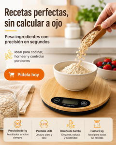 Báscula de cocina digital de bambú — Precisión de 1 g, pantalla LCD y función tara