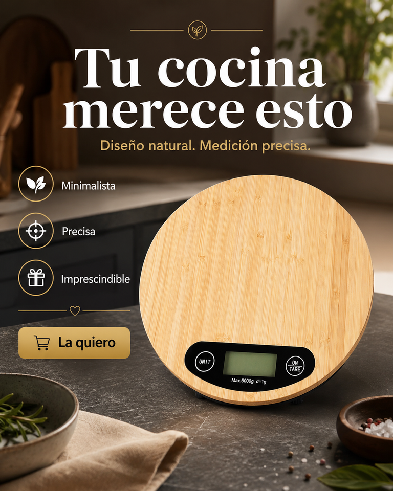 Báscula de cocina digital de bambú — Precisión de 1 g, pantalla LCD y función tara