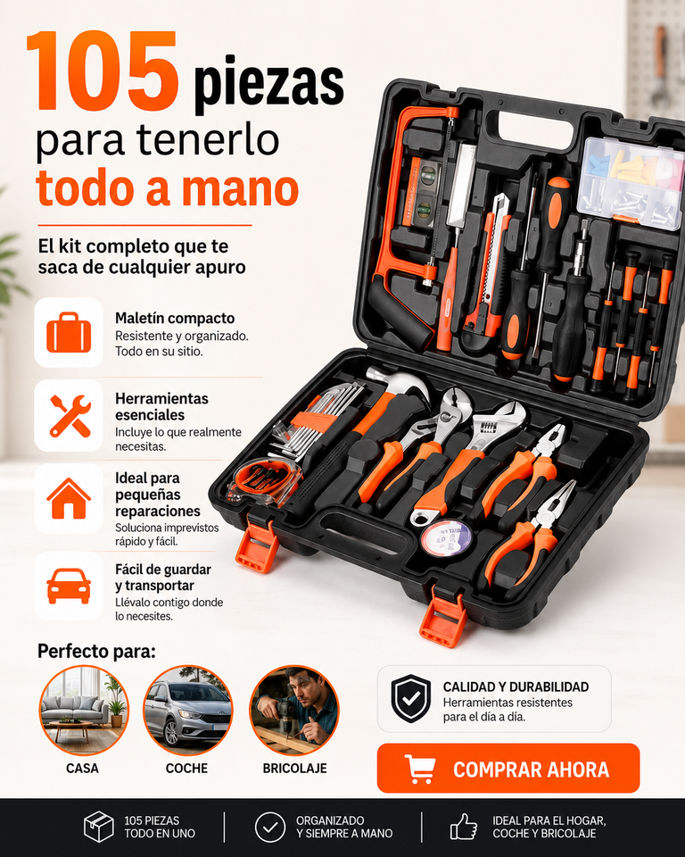 Kit de herramientas de 105 piezas con maletín organizador para casa, coche y bricolaje